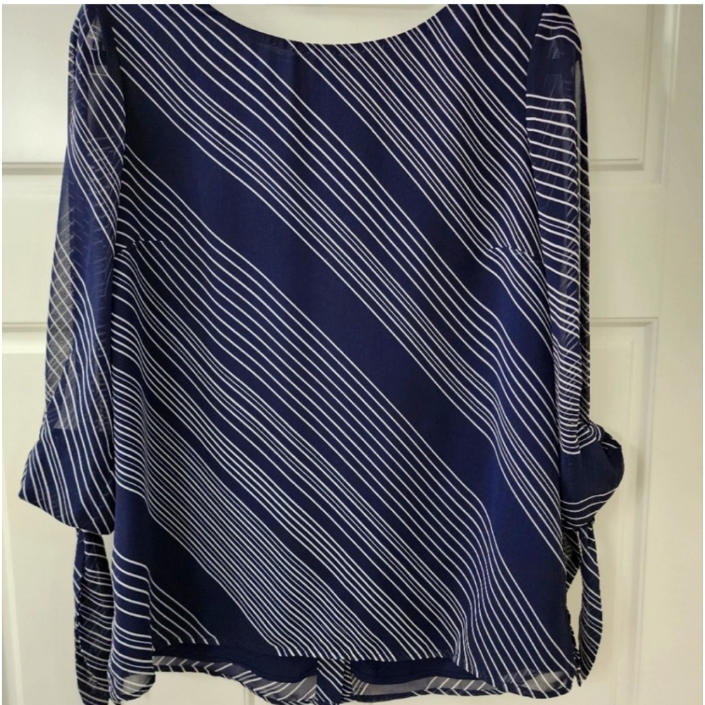 Daniel Rainn | Blue & White Striped | Bow Tie Sleeve | Sheer Button Back Blouse